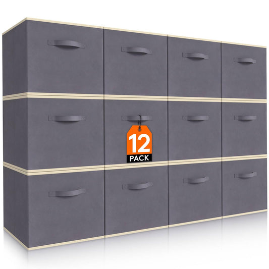 Lifewit 12 Packs Storage Cubes, 11 Inch Cube Storage Bins, Foldable Decorative Fabric Storage Baskets for Organizing Home Organizers with Handles for Shelves, Closet, Grey