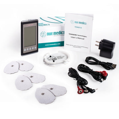 NueMedics Tens 12-Mode TENS & EMS Rechargeable Muscle Stimulator – Dual-Channel Portable Pain Relief Massager with Reusable Pads, Timer & LCD Display