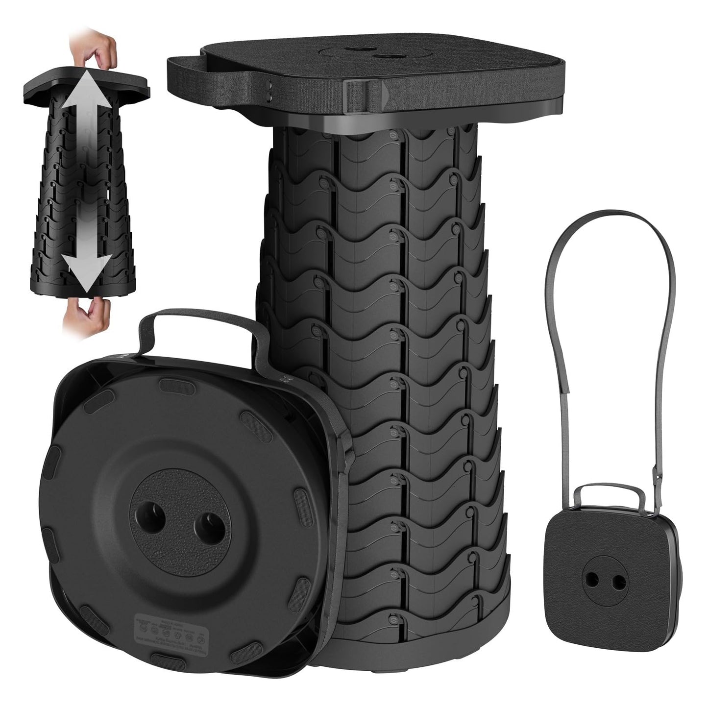 2025 Upgraded Portable Folding Stool, Collapsible Stool, Telescoping Camping Stool with Max Load Capacity 485lbs, Square Retractable Seat for Camping Gardening Fishing Hiking BBQ[Black]