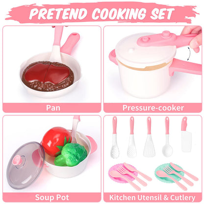 Meaicezli Kids Play Kitchen Accessories Set, Pretend Kids Pots and Pans Playset Toddler Cooking Set Play Kitchen Toys with Fake Play Food Dishes Utensils for Girls Boys Ages 1 2 3 4 5 6 7 8, Pink