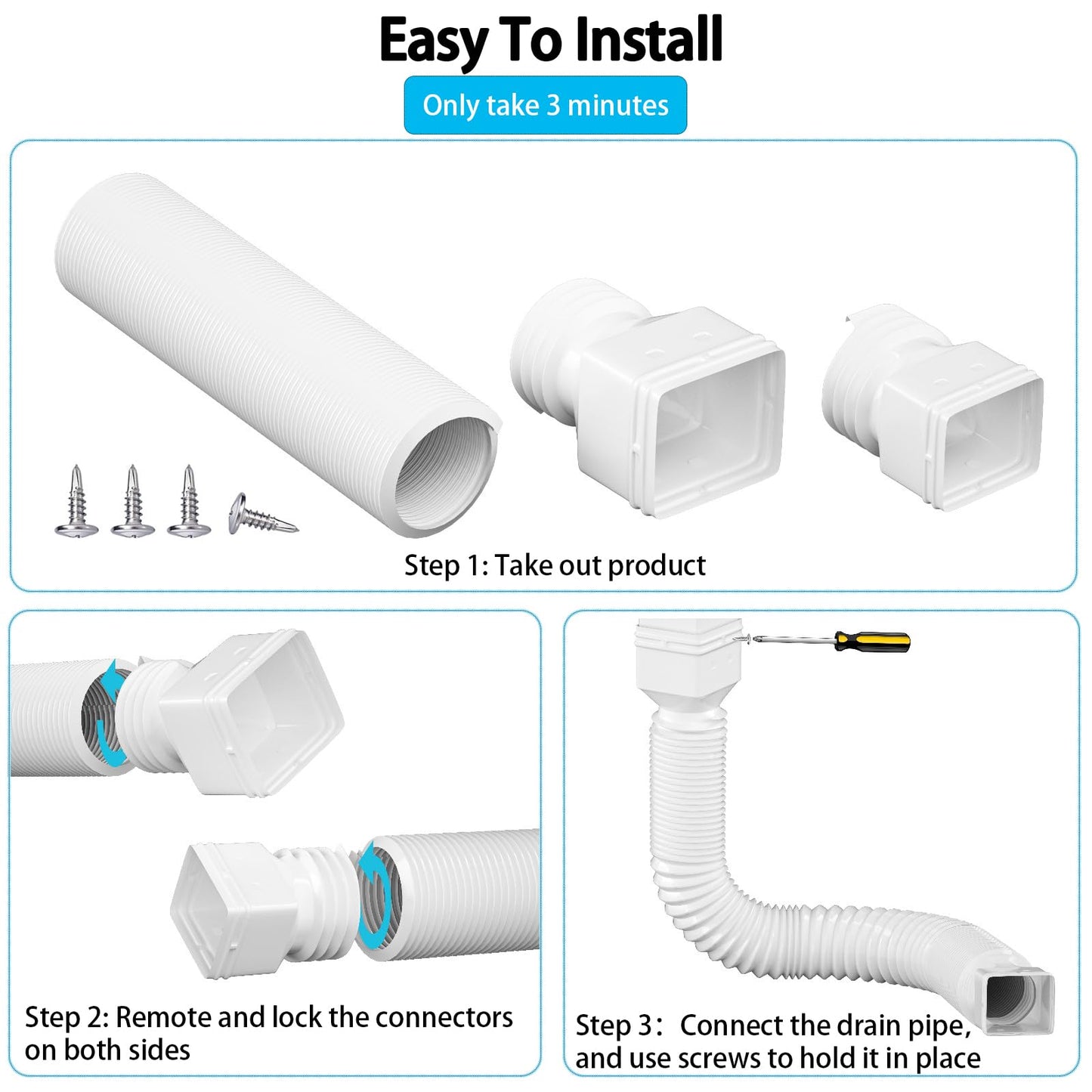 HAHOME 2 Pack Rain Gutter Downspout Extensions,Drain Downspout Extender Diverter, Flexible Downspout Extensions Can Extendable from 21 to 60 Inches (White)