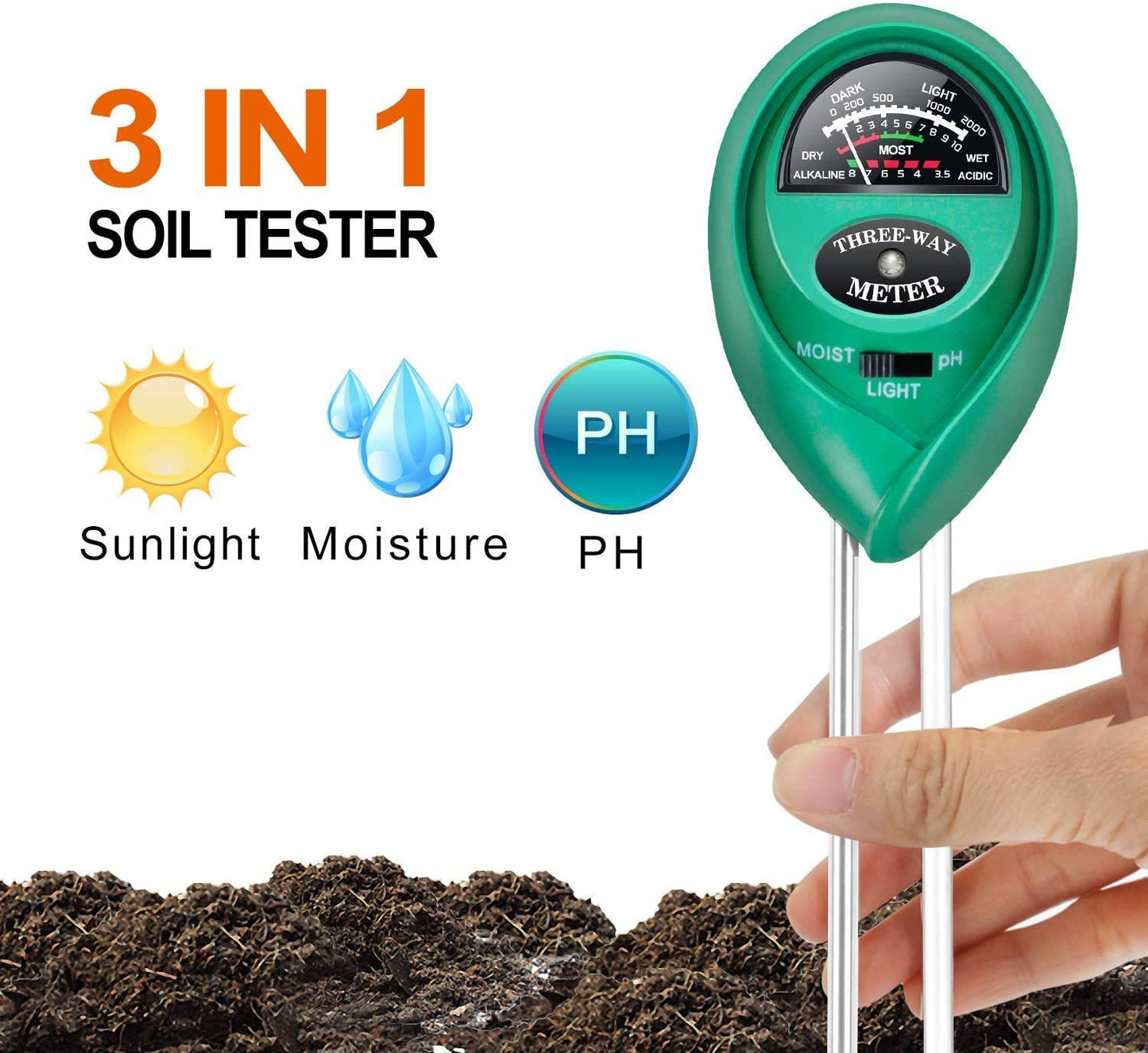 iPower 3-in-1 Soil Moisture/pH/Light Meter, Soil Test kit for Indoor & Outdoor Use, Suitable for House Plants, Garden, Lawn, Farm