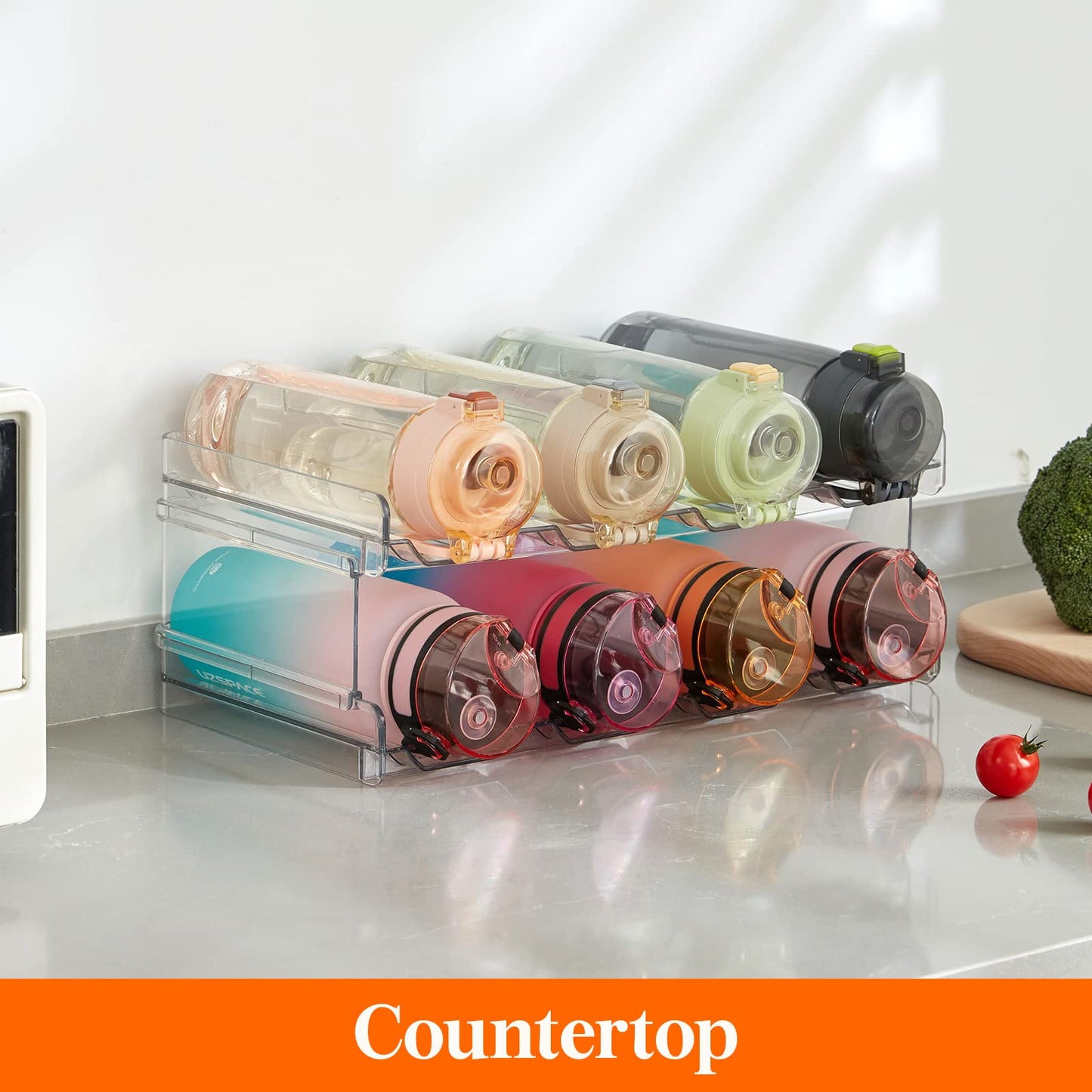 Lifewit Stackable Water Bottle Organizer/Holder for Cabinet Fridge, Kitchen Pantry Organization and Storage, Plastic Wine Racks, Tumbler Travel Mug Cup Holder, 2Pack, Hold 8 Bottles