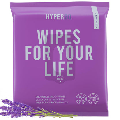 HyperGo XL Body Wipes for Women & Men – 12" x12" Rinse-Free Full Body Cleansing Wipes 20 Count Pack - Lavender | Biodegradable, Hypoallergenic, Aloe-Infused | Gym, Festival, Camping Essentials
