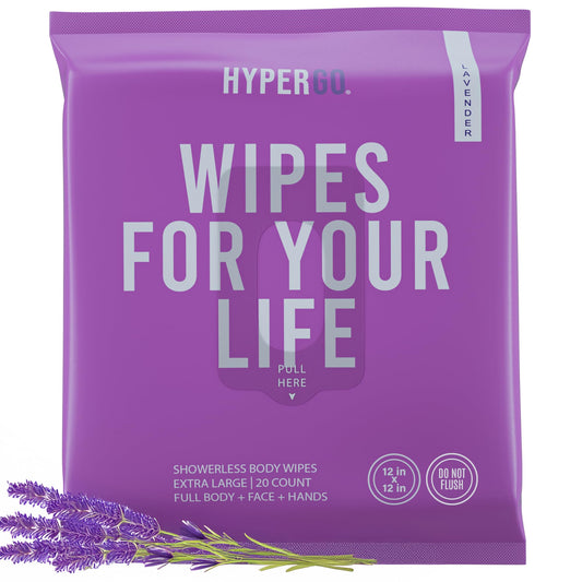 HyperGo XL Body Wipes for Women & Men – 12" x12" Rinse-Free Full Body Cleansing Wipes 20 Count Pack - Lavender | Biodegradable, Hypoallergenic, Aloe-Infused | Gym, Festival, Camping Essentials