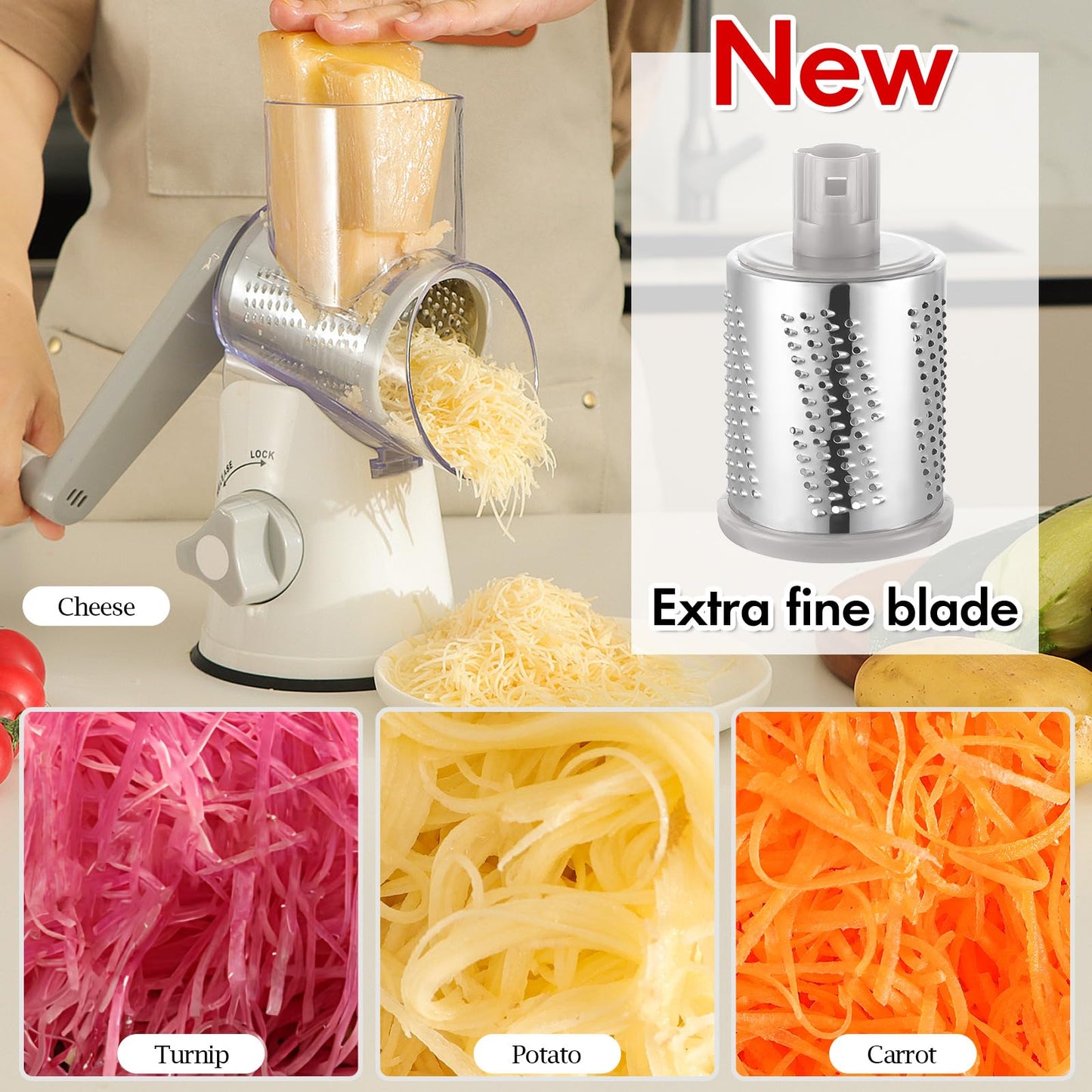 Ourokhome Rotary Cheese Grater Hand Crank, Kitchen Shredder Speed Mandolin Slicer Ice Shaver with Handle and Drum Blades for Cheese, Vegetable, Nuts, Chocolate, Potato, Carrot, 5 Blades, White
