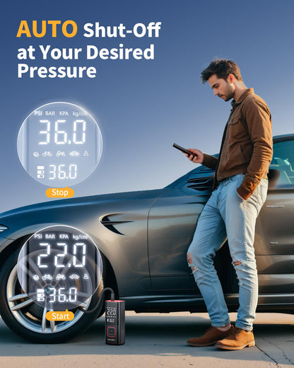 Powools Cordless Tire Inflator Portable Air Compressor - 150PSI Air Pump with Auto Shutoff Function for Car Tires, Inflatables, Motorcycle, Balls, Compact Bike Tire Pump with LED Light, Red, Large