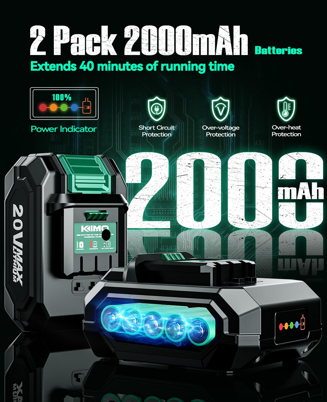 KIMO 20V Cordless Drill Set with 2 Packs 2.0Ah Battery, Max 350 In-lb Torque, 1350 RPM, 3/8" Keyless Chuck, 18+2 Clutch Setting, 18pcs Accessories, Power Drill for Drilling Wood Bricks Walls Metal