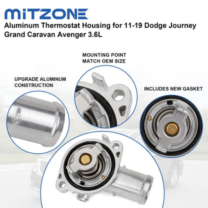 MITZONE Upgrade Aluminium Thermostat Housing Assembly Compatible with 2011-2021 Jeep Dodge RAM Chrysler 3.6L 3.2L V6 Vehicles - 200 Town & Country Avenger Grand Caravan Cherokee