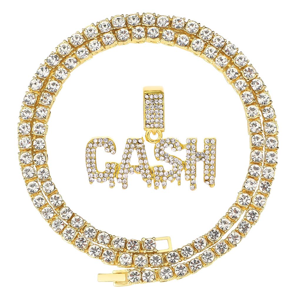 HH BLING EMPIRE Iced Out Name Pendant Chain Necklaces for Men Gold Silver Diamond Letter Necklace Hip Hop Cash Rope Chains 24 Inch (Cash-Gold,& Rope)