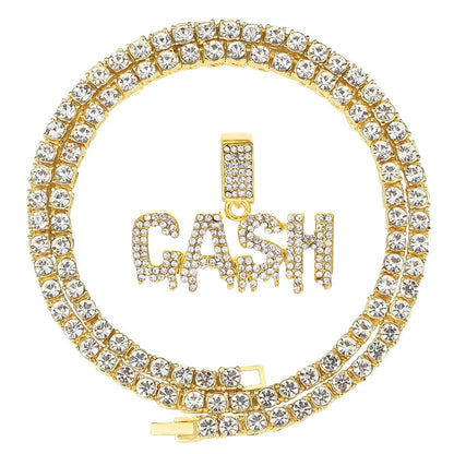 HH BLING EMPIRE Iced Out Name Pendant Chain Necklaces for Men Gold Silver Diamond Letter Necklace Hip Hop Cash Rope Chains 24 Inch (Cash-Gold,& Rope)