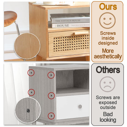 MaxSmeo Modern Nightstand Rattan Side End Table with Storage, for Living Room, Bedroom and Small Spaces, Accent Bedside Farmhouse Tables with Solid Wood Legs, Easy Assembly (Natural Walnut)