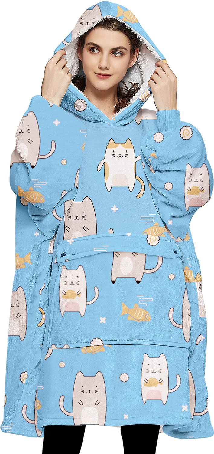 KFUBUO Wearable Blanket Hoodie for Adults Sherpa All Patterns Blue Cat Oversized Sweatshirt Blanket with Pockets Cute Gifts for Women