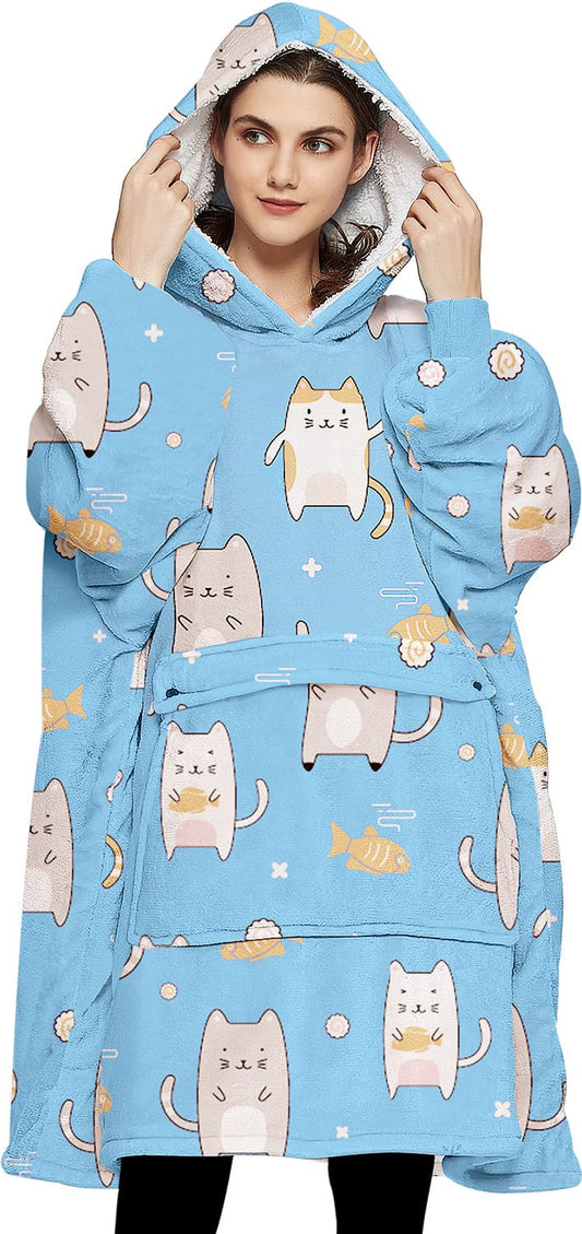 KFUBUO Wearable Blanket Hoodie for Adults Sherpa All Patterns Blue Cat Oversized Sweatshirt Blanket with Pockets Cute Gifts for Women