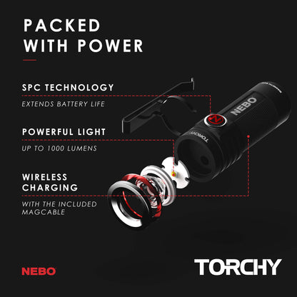 NEBO Torchy Rechargeable Pocket Flashlight | 1,000 Lumens, 5 Light Modes, Magnetic Base & Steel Clip, Water Resistant, LED Mini Flashlight for EDC & Camping, Includes Charging Cable