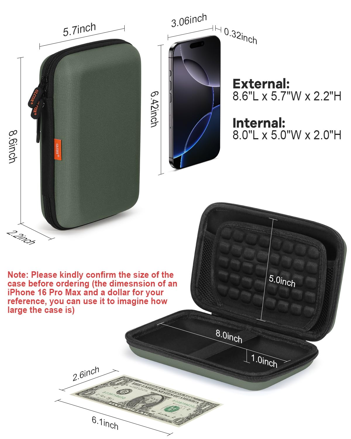 GLCON Large Classic Army-Green Case - Hard Shell Electronic Organizer Travel Carrying Case - Shockproof Electronic Accessories Storage Pouch Bag for Game Drive, Hard Disk, Power Bank, Charger