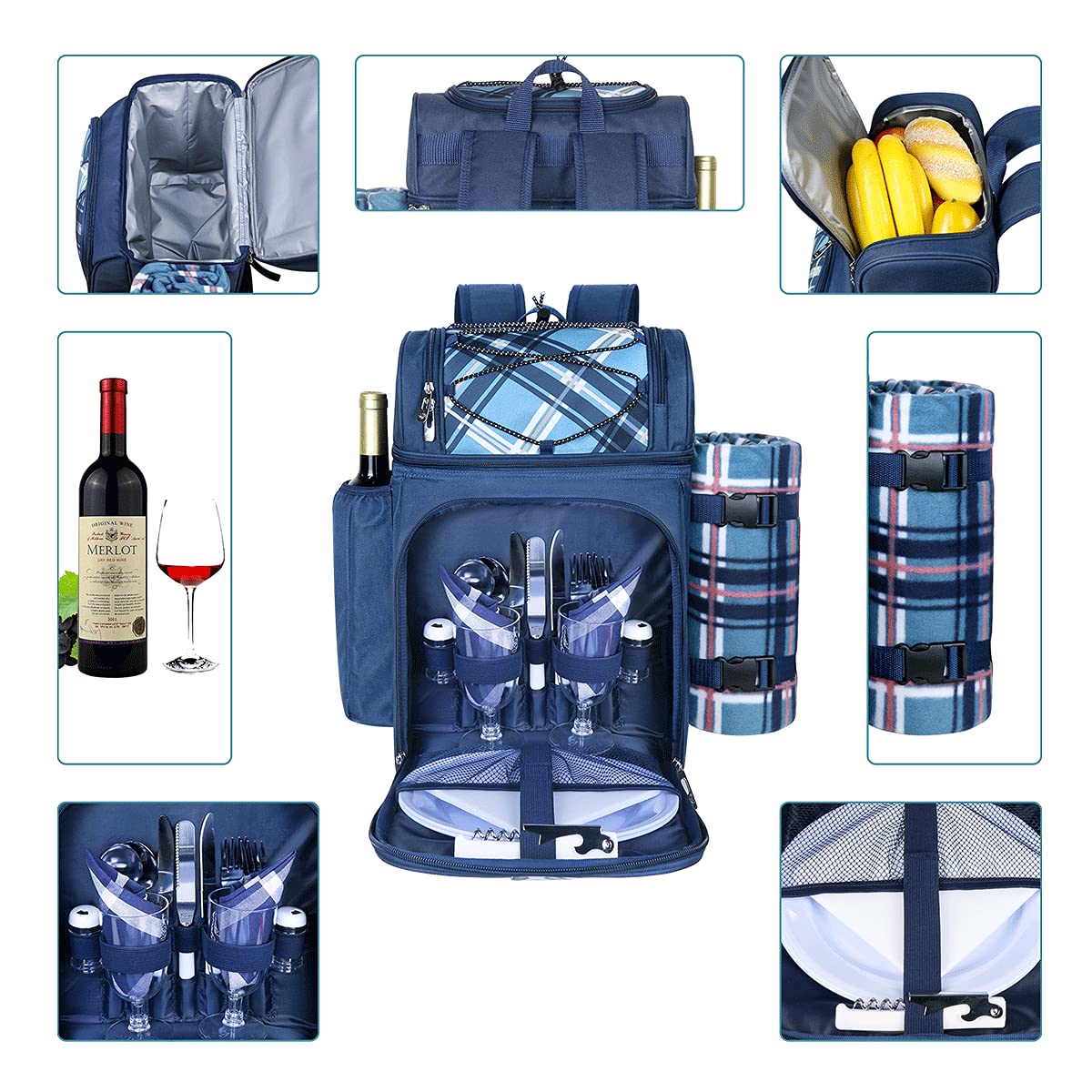Hap Tim Picnic Basket Backpack for 2 Person with 2 Insulated Cooler Compartment, Wine Holder, Fleece Blanket, Cutlery Set, Gifts Ideals for Wedding, Housewarming, White Elephant, Bridal Showers