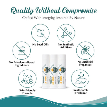 Moisturizing Tallow Lip Balm – Grass-Fed Beef Tallow with Organic Coconut Oil, Beeswax, and Vitamin E – Sweet Orange – Lip Balm Set – Travel Essential – 3-Pack