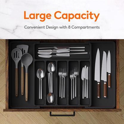 Lifewit Large Silverware Drawer Organizer, Expandable Utensil Tray for Kitchen, BPA Free Flatware and Cutlery Holder, Adjustable Plastic Storage for Spoons Forks Knives, Large, Black