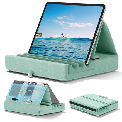 KDD Tablet Pillow Holder, Foldable iPad Stand for Lap, Bed and Desk -Tablet Soft Pad Dock with Pocket & Stylus Mount Compatible with iPad Pro 12.9, 10.5, 9.7 Air Mini 6 5 4 3, E-Reader