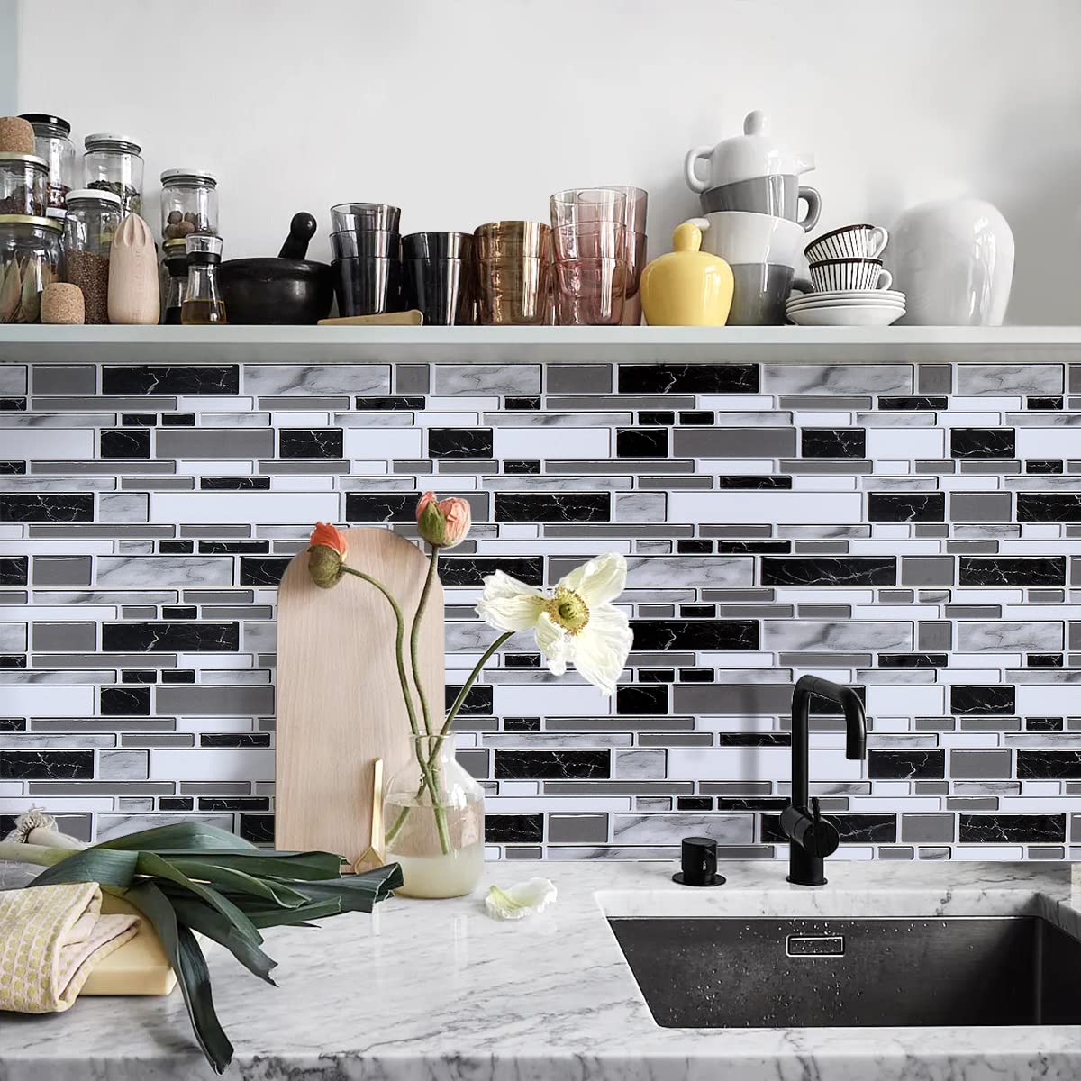 Livebor Peel and Stick Kitchen Wallpaper Backsplash Wall Paper for Kitchen 11.8inch x 78.7inch Backsplash Tiles Wallpaper Peel and Stick Waterproof Countertop Contact Paper for Bathroom Cabinet