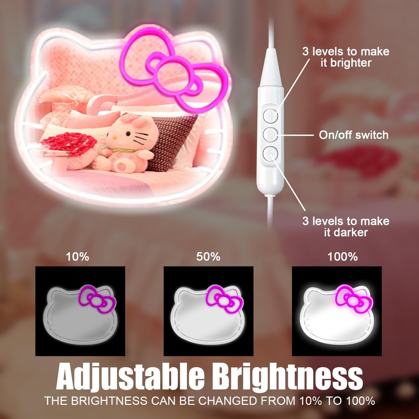 MCJSGSP Anime Hello Kit Mirror with Light Neon Signs for Wall Decor, Teen Girl Gift，Makeup Mirror neon Sign Room Decor (14.6 * 12.2 inch)