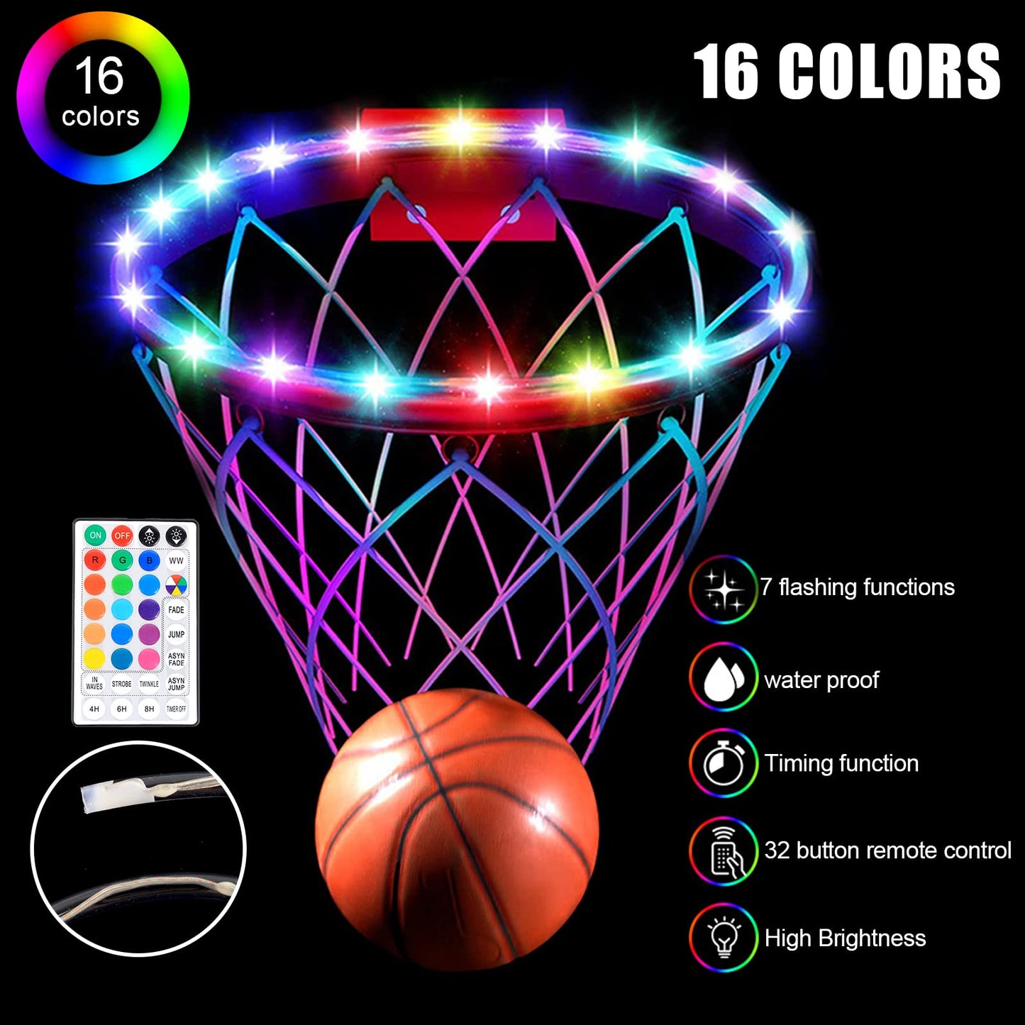 Green Bean LED Basketball Hoop Light Rim and Backboard, Remote Control Basketball Rim Light with 16 Colors 7 Flashing Mode for Playing Basketball in The Dark (Rim and Backboard not Included)