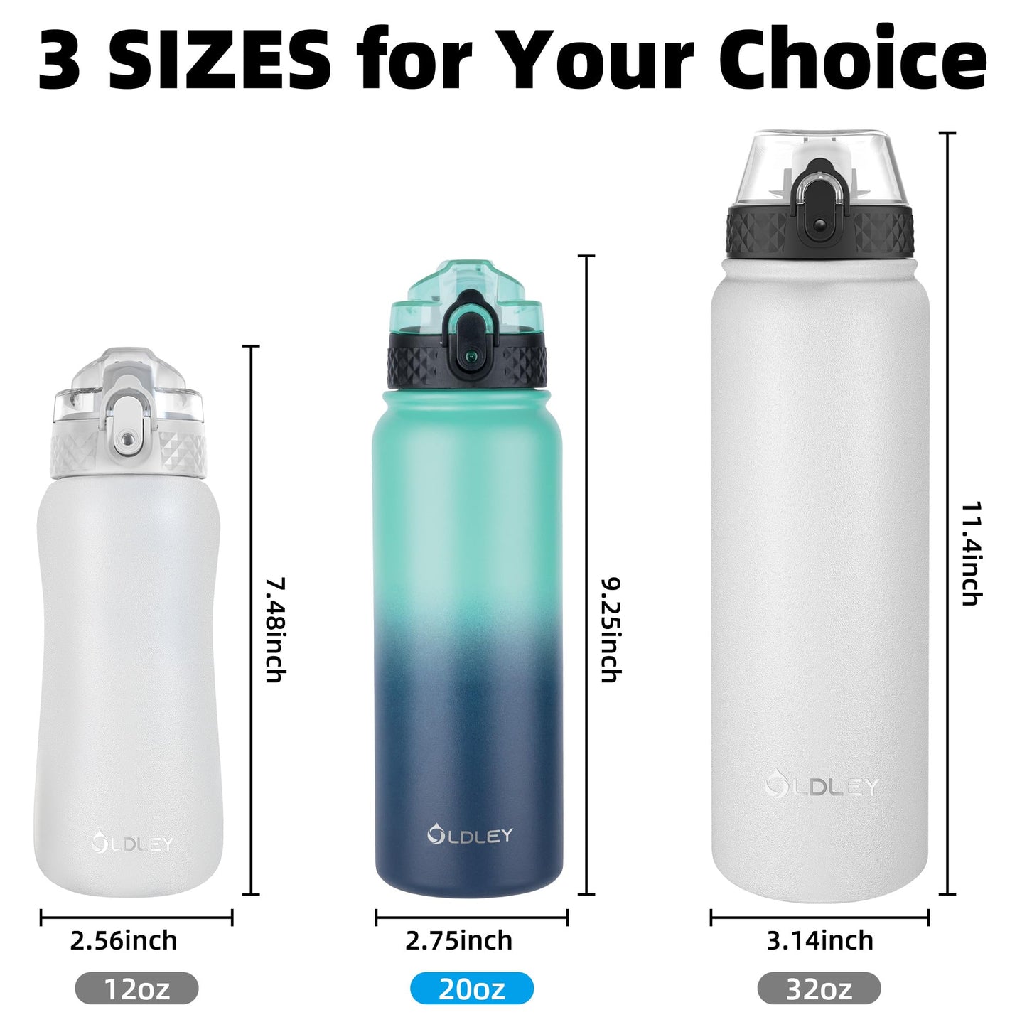 Oldley Insulated Water Bottle 20oz for Adults Kids Stainless Steel Water Bottles with Straw/Chug/Carabiner 3 Lids Fruit Strainer Double Wall Vacuum Wide Mouth BPA Free Leak-Proof for School Travel