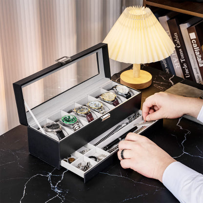 ProCase Watch Box for Men, 6 Slot Watch Display Case with Drawer, Mens Watch Case With Glass Lid, 2-Layer Jewelry and Watch Storage Watch Holder Organizer for Men Women -6 Slot, Black