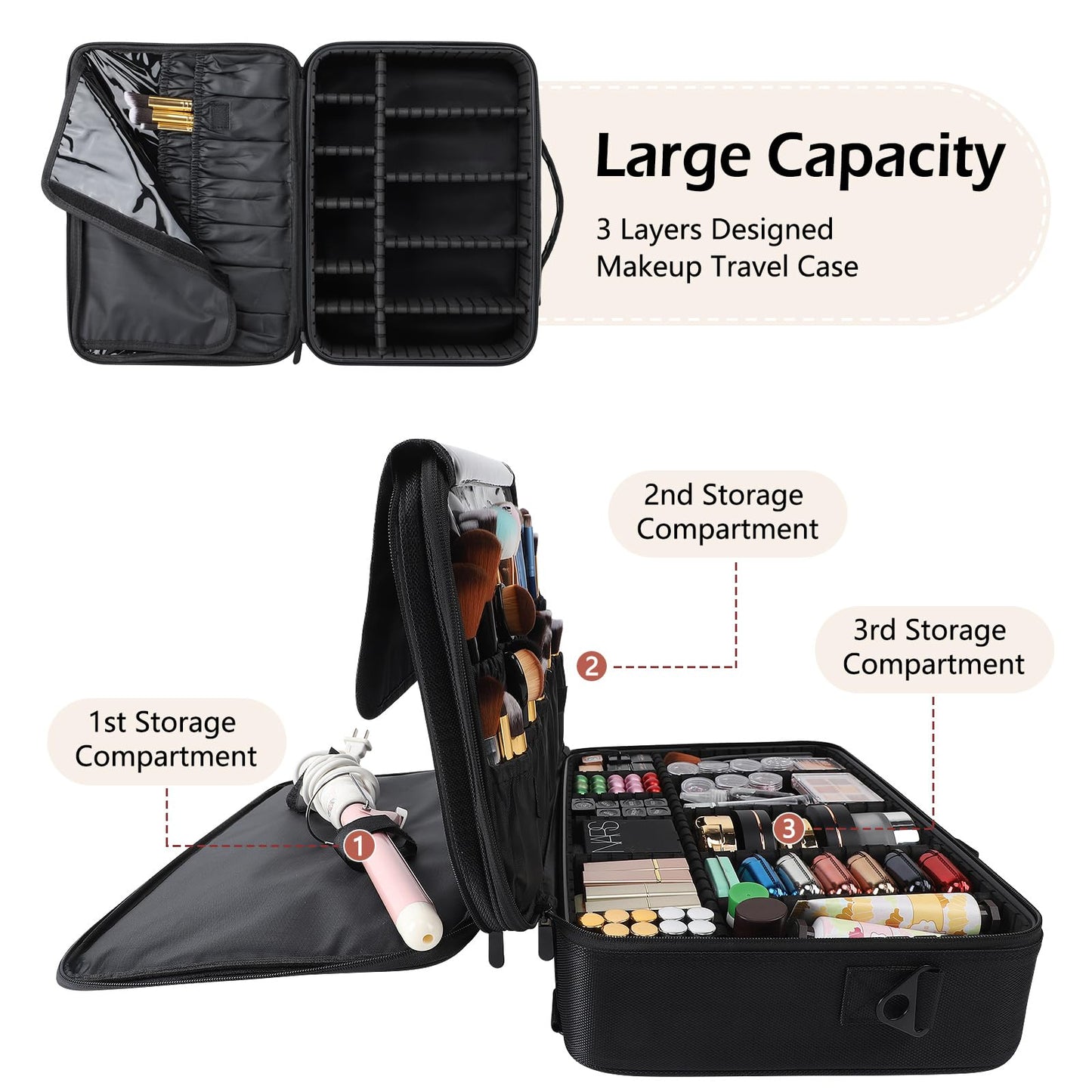 gzcz Large Capacity Travel Makeup Train Case 16.5 Inches Professional Makeup Cosmetic Case Portable Artist Cosmetics Brushs Organizer Storage Bag With Adjustable Dividers And Shoulder Strap (Black)