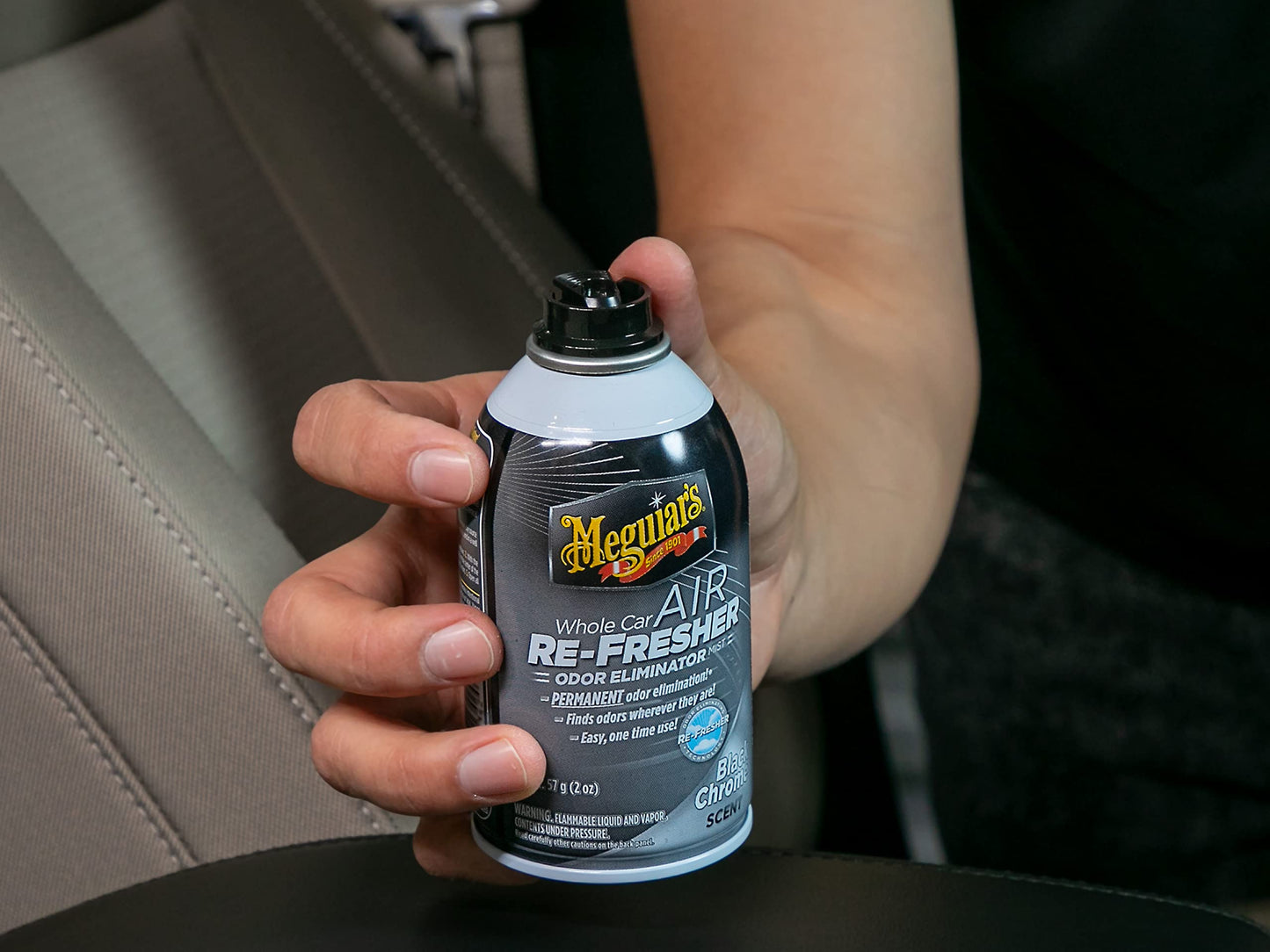 Meguiar's Whole Car Air Refresher, Car Odor Eliminator Spray Permanently Eliminates Unwanted Vehicle Odors Throughout Your Interior, Black Chrome Scent, 2 Oz Aerosol Canister