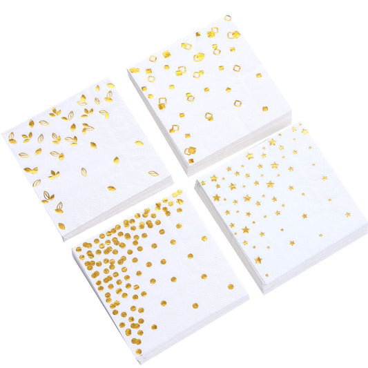 100 PK Gold Napkins - 4 Assorted Designs - 3-Ply Cocktail Napkins Folded 5 x 5 Inches Bar Napkins Disposable Party Napkins Paper Napkins Dinner for Wedding Baby Shower Birthday Graduation 2023
