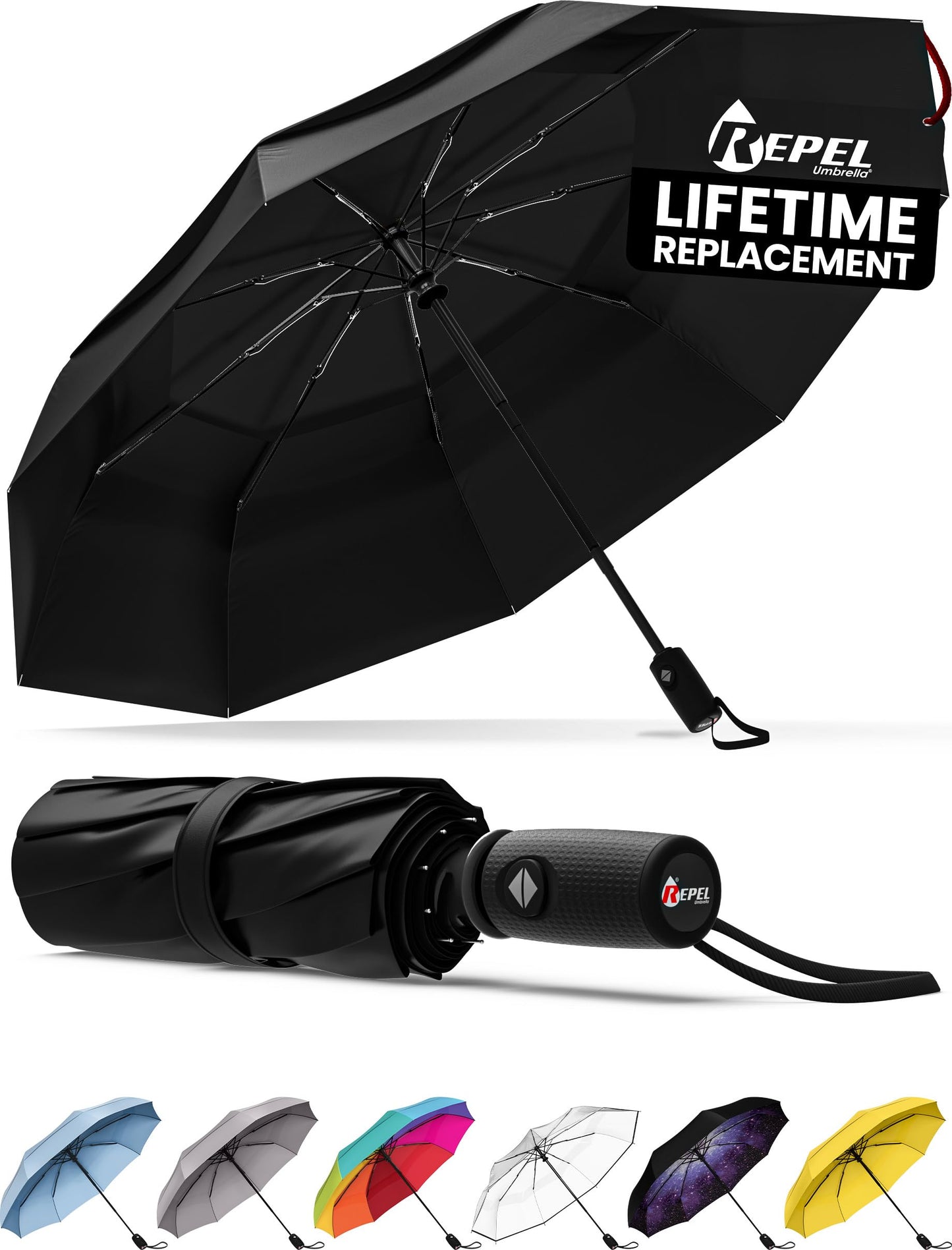 Repel Umbrella – Engineered to Withstand 85MPH Winds – Chosen by Wirecutter 2025 as Strongest Travel Umbrella for Rain - Auto Open Close, Compact, <1lb, Durable & Waterproof Design