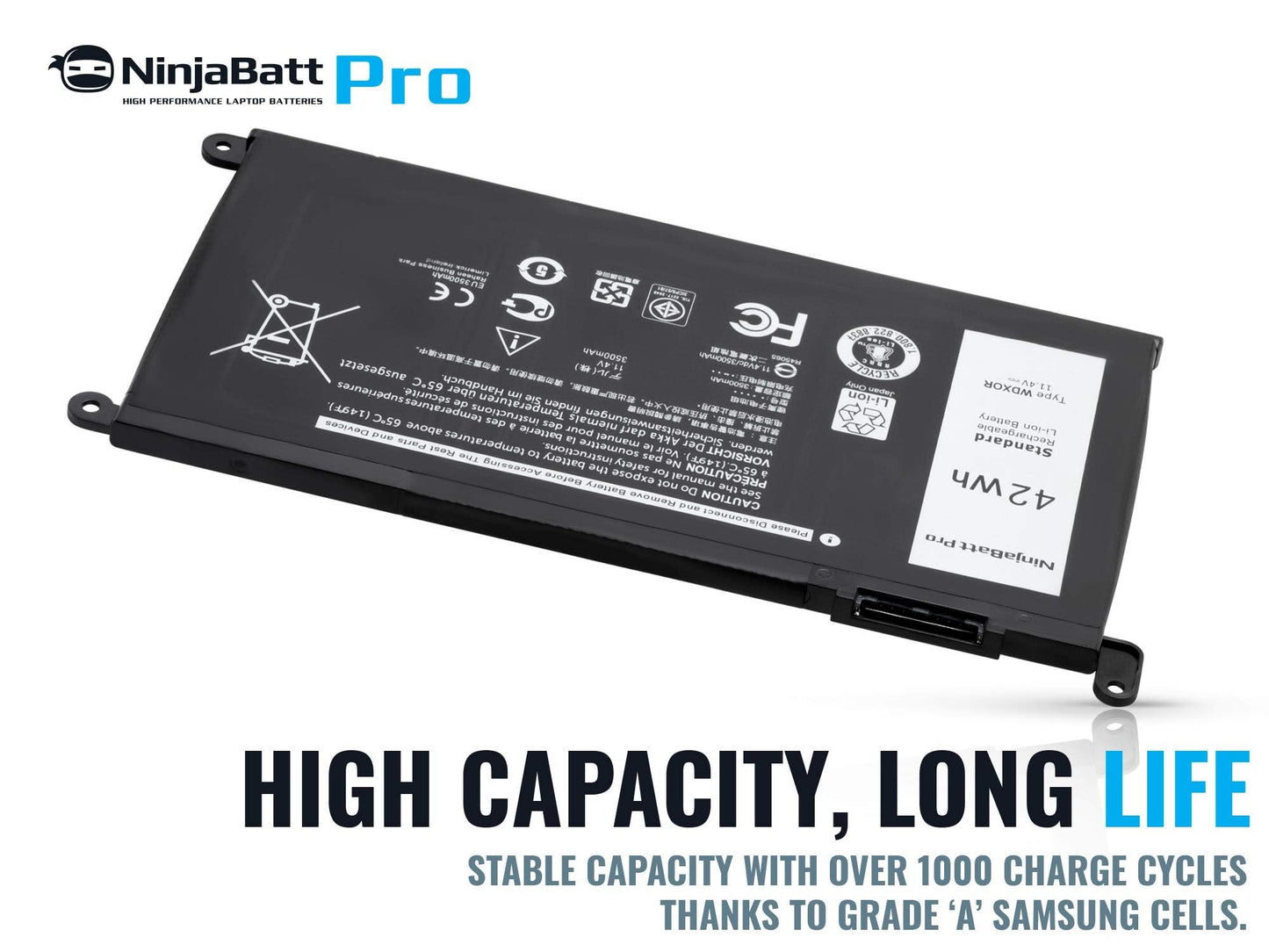 NinjaBatt 1000+ Charge Cycles Battery for Dell WDX0R YRDD6 (Except 5580) P69G FW8KR Inspiron 13-17 5000/7000, 7573 7378 5567 7579 5767 5379 5579 5584 7569 5368 7368 7278 7375 5770 5378 - [42Wh/11.4v]