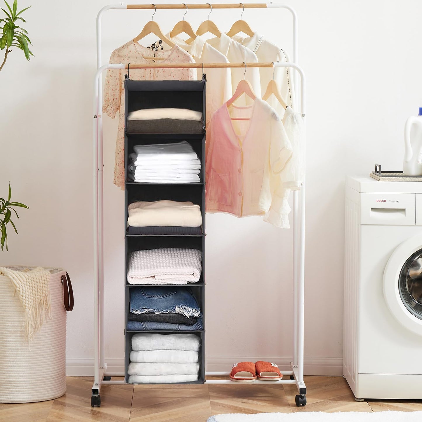 MAX Houser 6 Tier Shelf Hanging Closet Organizer, Closet Hanging Shelf with 2 Sturdy Hooks for Storage, Foldable (Grey)