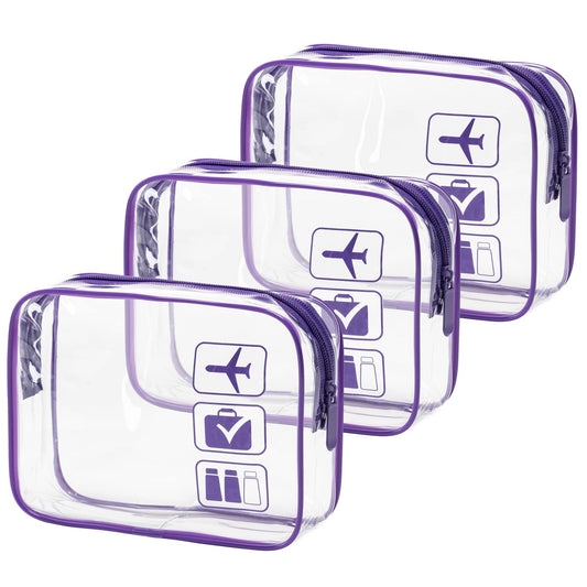 MODENGKONGJIAN TSA Approved Toiletry Bag, 3 Pcs Clear Toiletries Bags Quart Size Travel Makeup Cosmetic Bag for Women Men, Carry on Airport Airline Compliant Bag (Purple)