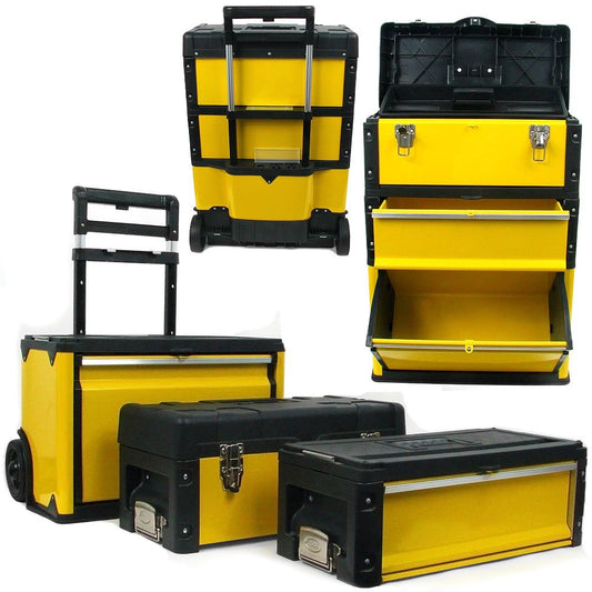 Portable Tool Box on Wheels - Stackable 3-in-1 Chest for Workshops and Craft Rooms - Foldable Comfort Handle and Latches by Stalwart (Black/Yellow)