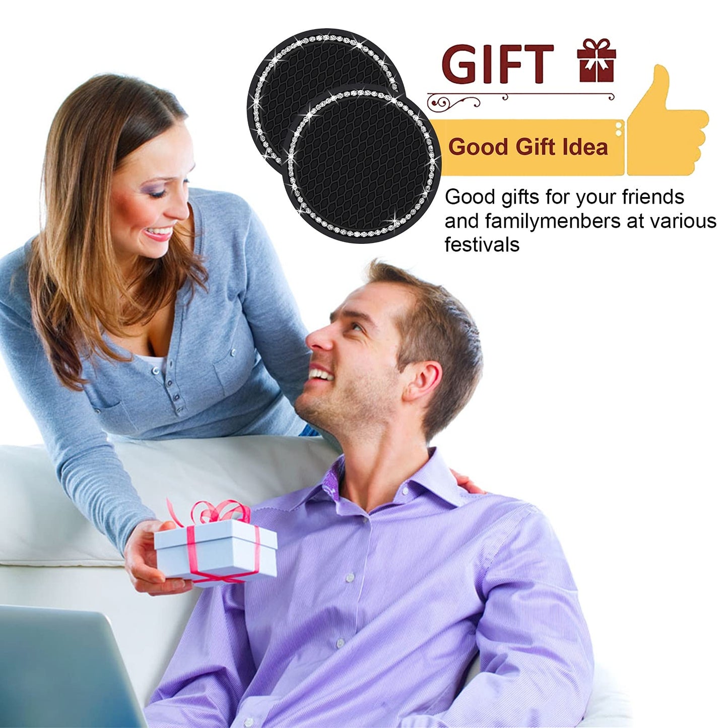 2PCS Bling Car Cup Coaster, 2.75 Inch Auto Cup Holder Insert Coasters Silicone Anti-Slip Crystal Rhinestone Drink Mat, Universal Vehicle Interior Accessories for Women Girls (Black)