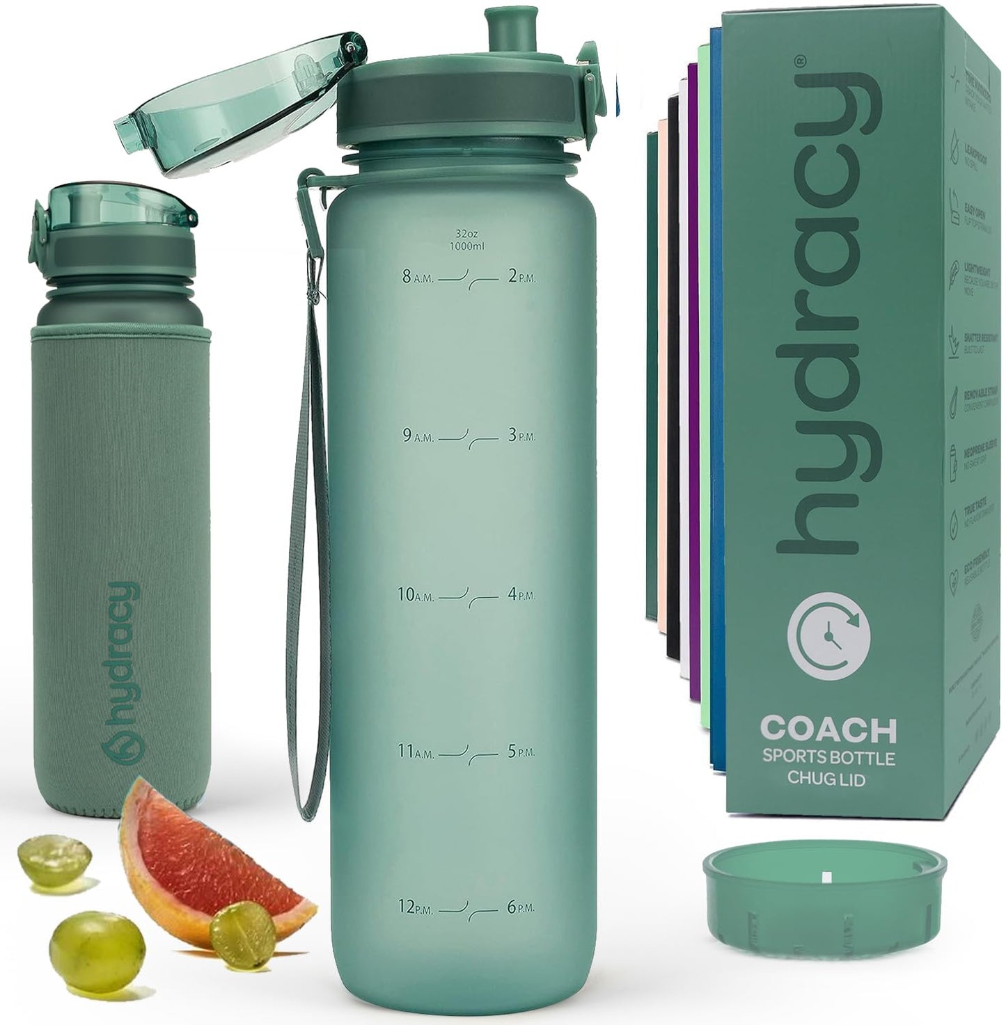Hydracy Water Bottle with Time Marker - Large 32 oz BPA Free Gym Bottle & No Sweat Sleeve -Leak Proof Lid with Fruit Infuser Strainer & Times to Drink - Ideal for Fitness Sports & Outdoors