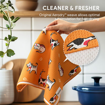 RECYCO Waffle Kitchen Towel Set of 2 - Quick Dry Microfiber Sustainable Dish Towels - Ultra Absorbent Reusable Cleaning Tea Towels - Lightweight Hand Towels,16”x 28”, Cuddly Cats