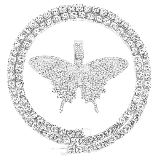HH BLING EMPIRE Iced Out Silver/Gold Diamond Butterfly Necklace for Men Women, Hip Hop Big Butterfly Pendant with Rope/Tennis/Cuban Link Chains 22 Inch (Silver butterfly A & Tennis Chain)