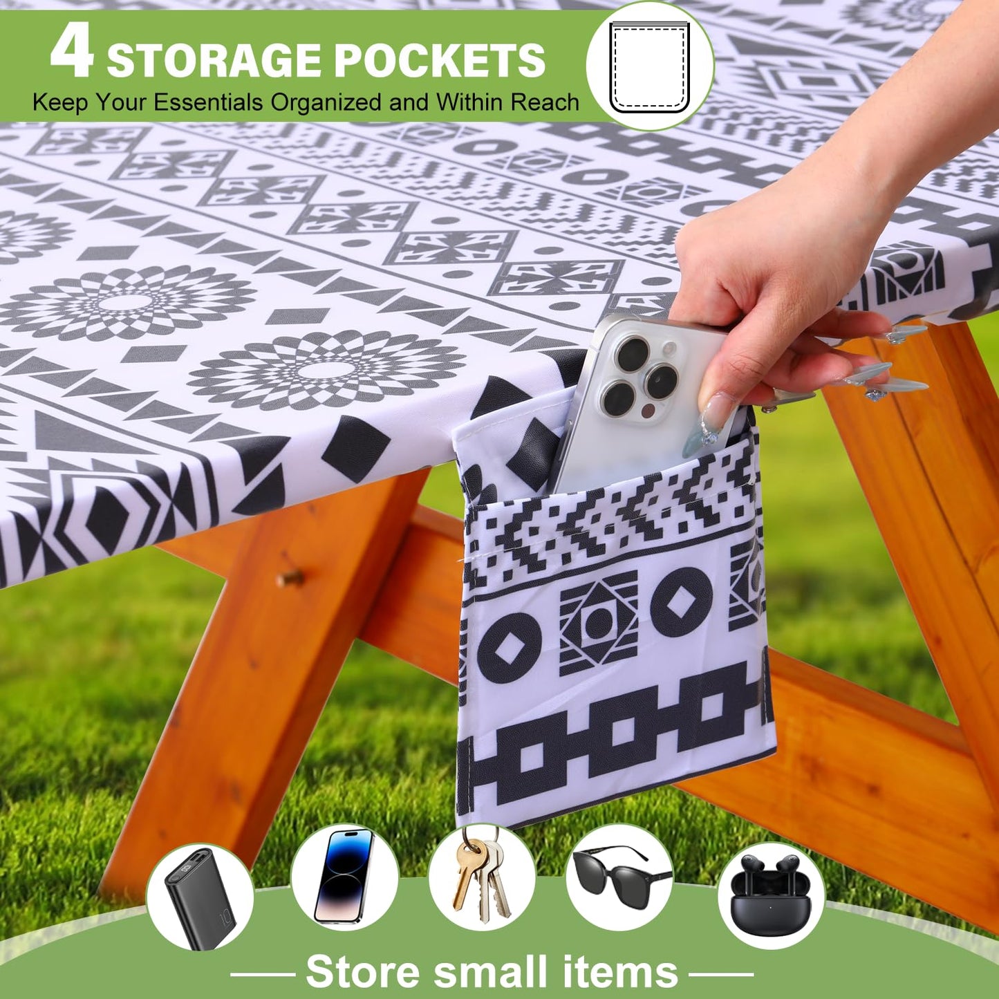 Picnic Table Cover with Bench Covers Vinyl Elastic Edges Fitted Rectangle Tables Seat Waterproof 3-Piece96X30in Set Outdoor Rectangular Folding Backing Tablecloth for Camping Over Size BlackGeometrics