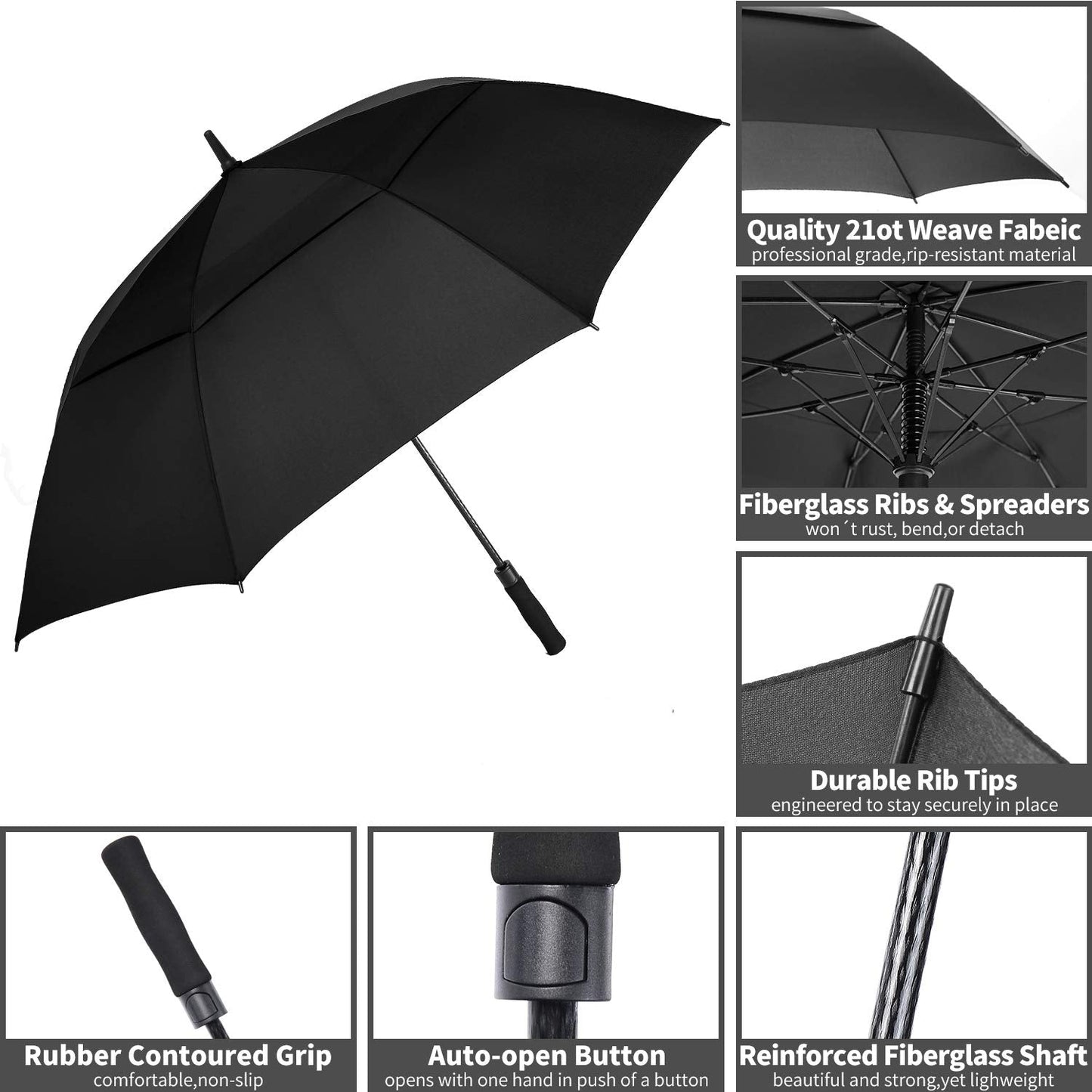 MRTLLOA 62/68/72 Inch Automatic Open Black Golf Umbrella, Extra Large Oversize Double Canopy Vented Windproof Waterproof Sports Stick Umbrellas for Rain(62 Inch)
