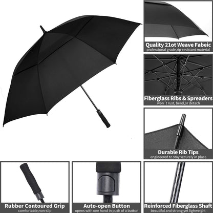 MRTLLOA 62/68/72 Inch Automatic Open Black Golf Umbrella, Extra Large Oversize Double Canopy Vented Windproof Waterproof Sports Stick Umbrellas for Rain(62 Inch)