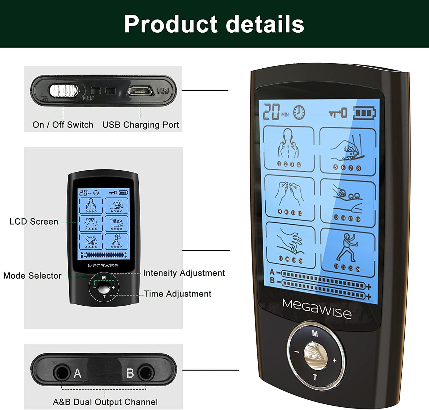 MegaWise 48 Modes（24 * 2） Dual Channel EMS TENS Unit Muscle Stimulator with 14Pcs Reusable Electrode Pads. Rechargeable Continuous Mode Electronic Pulse Massager with Storage Pouch/Pads Holder