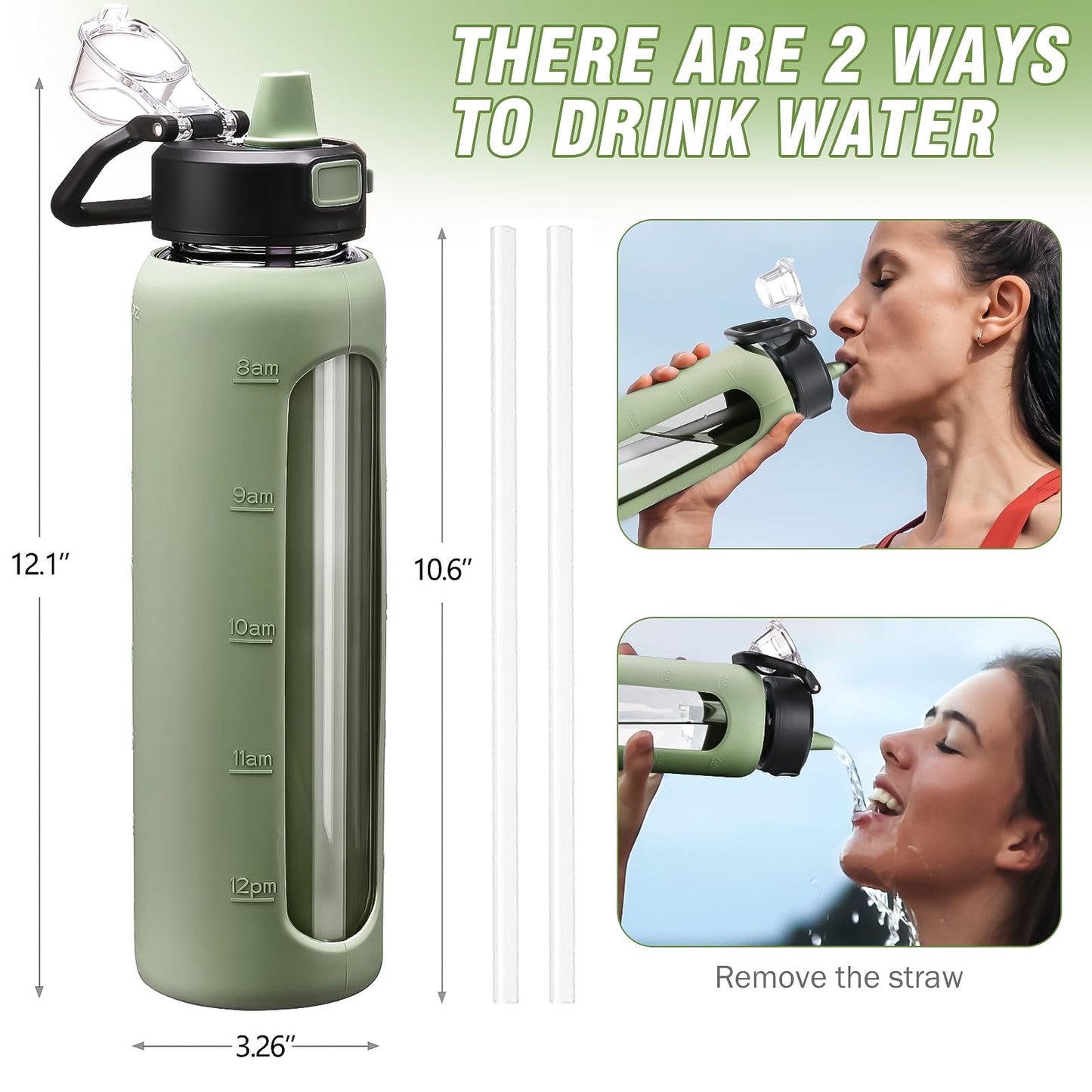 Kodrine 32 oz Glass Water Bottle with Straw and Carry Loop, One-Touch Leakproof Locking Lid, Reusable Drinking Bottle with Time Marker for Travel Home Gym Sports (Olive)