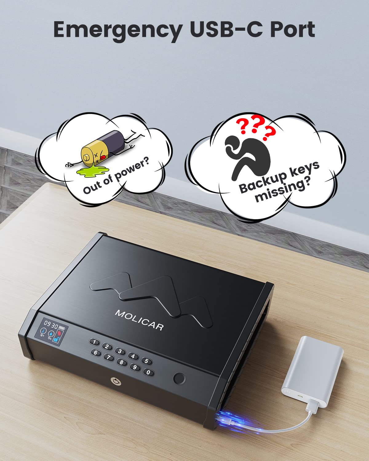 MOLICAR Gun Safe, Biometric Gun Safes for Handgun with LCD of Temp Humidity Battery, USB-C Port, Fingerprint Quick Access Pistol Safe for Home Bedside Nightstand Car