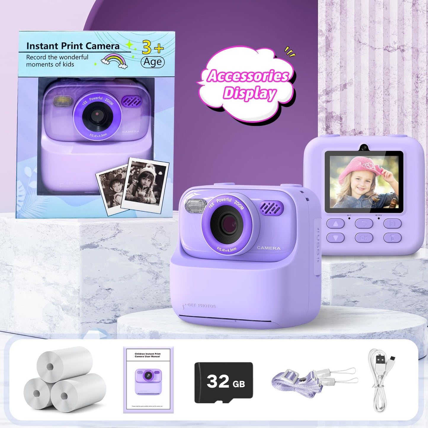 Kids Instant Digital Cameras for Boys and Girls, 1080P HD Dual-Lens Selfie Digital Camera with Print Paper & 32G Card, Christmas Birthday Gifts Toys for Toddler and Teenagers Age 3-16 Years Old