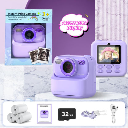 Kids Instant Digital Cameras for Boys and Girls, 1080P HD Dual-Lens Selfie Digital Camera with Print Paper & 32G Card, Christmas Birthday Gifts Toys for Toddler and Teenagers Age 3-16 Years Old