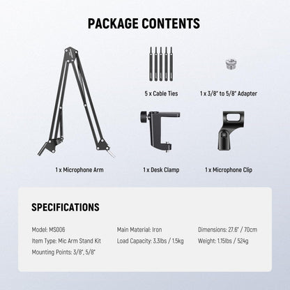 NEEWER Microphone Arm Stand, Suspension Scissor Boom Mic Arm Desk Mount with Clip & 3/8" to 5/8" Adapter Compatible with Blue Yeti Snowball HyperX QuadCast SoloCast Shure, Max Load 3.3 lbs, MS006